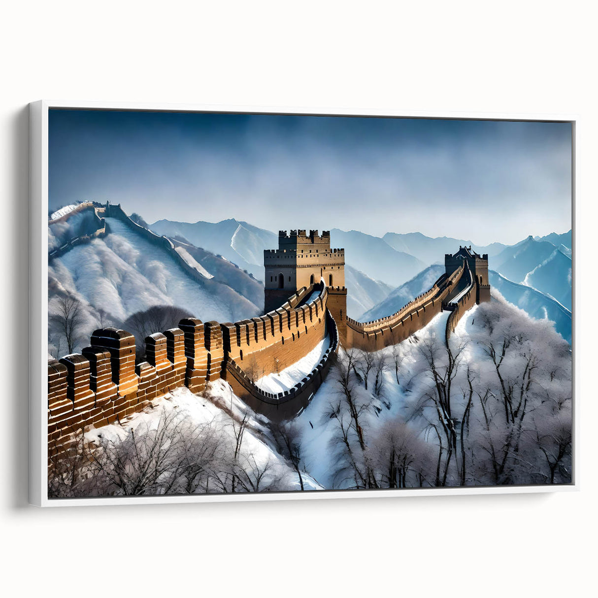 Vintage poster art of the Great Wall of China in colorful tones on a framed canvas, ideal for living room decor.