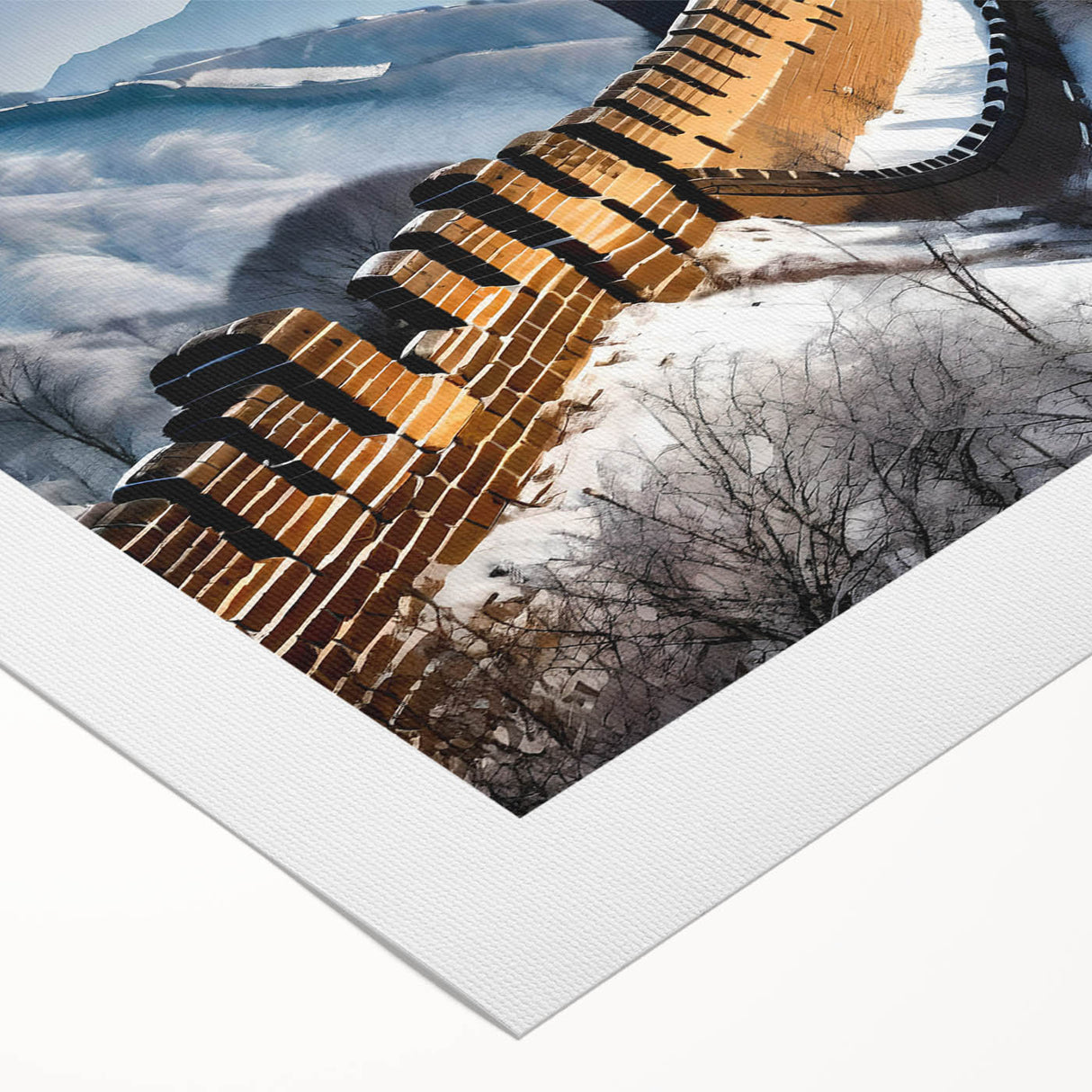 Art deco poster of the Great Wall of China in muted earth tones on rolled canvas, suitable for dining room decor.