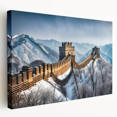 Large art depicting the Great Wall of China in muted earth tones on stretched canvas, ideal for kitchen wall art.
