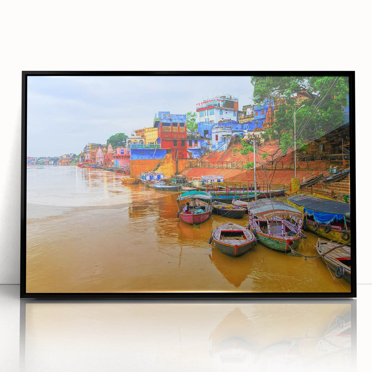 Large abstract wall art featuring a mid-century modernist design of an Indian scenery in acrylic frame.