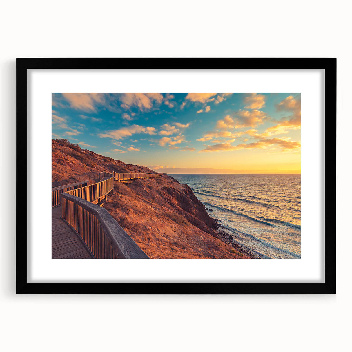 Extra large abstract art print of Adelaide scenery in vibrant colors on a textured canvas, framed in black.