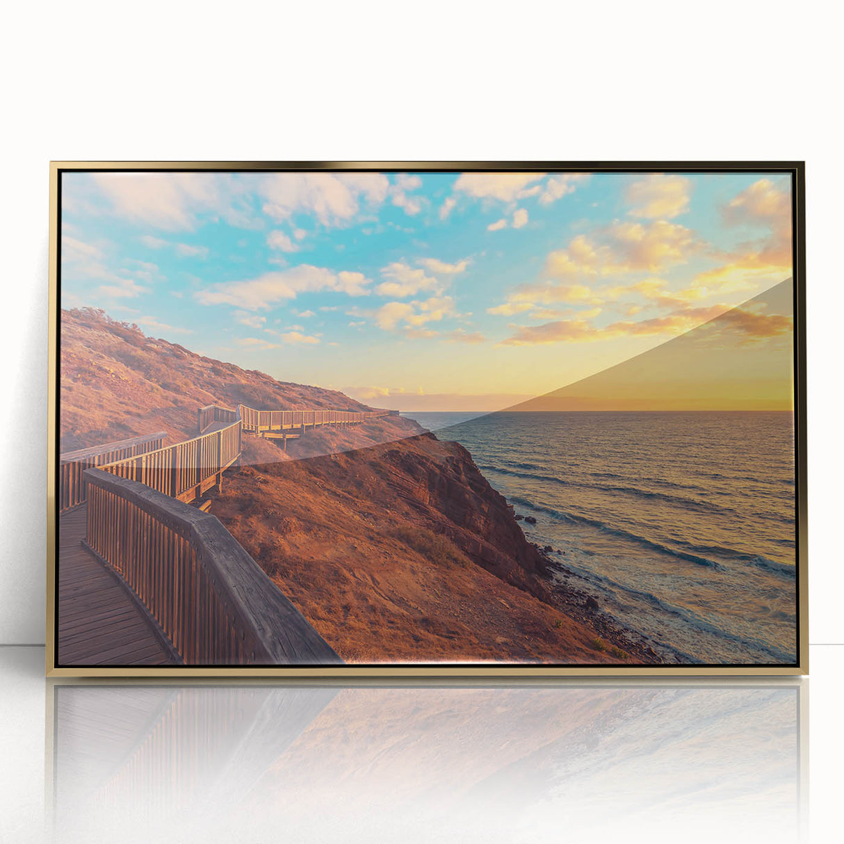 Mid-century modernist art depicting Adelaide scenery in acrylic, framed in gold, suitable for nursery wall decor.