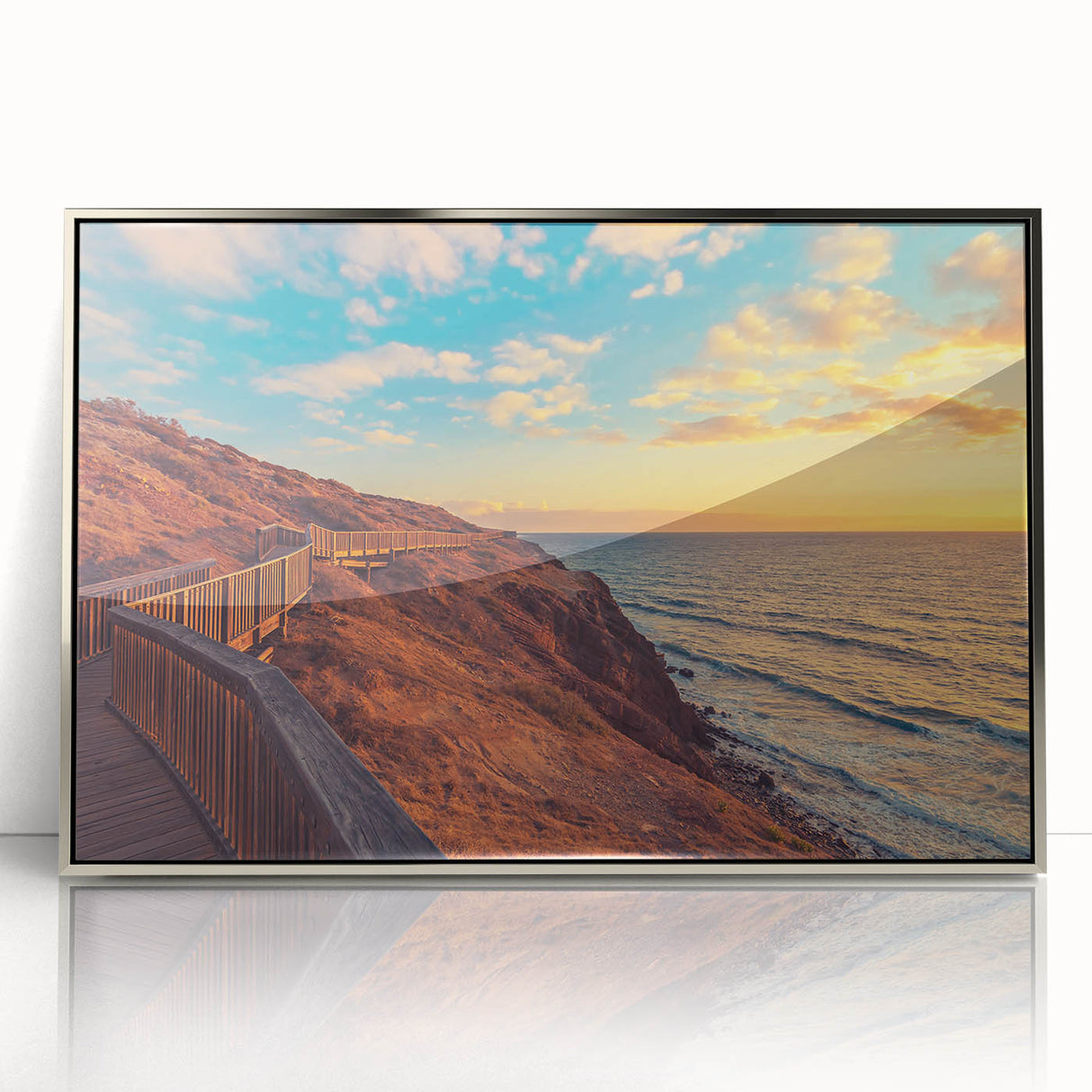 Art deco poster of Adelaide skyline in silver acrylic frame, with subdued colors, ideal for modern art wall decor.