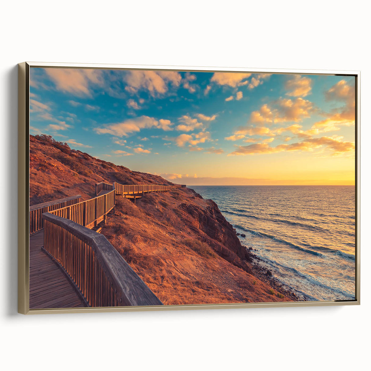 Landscape art painting of Adelaide scenery on framed canvas, featuring vintage poster style in black with colorful accents.