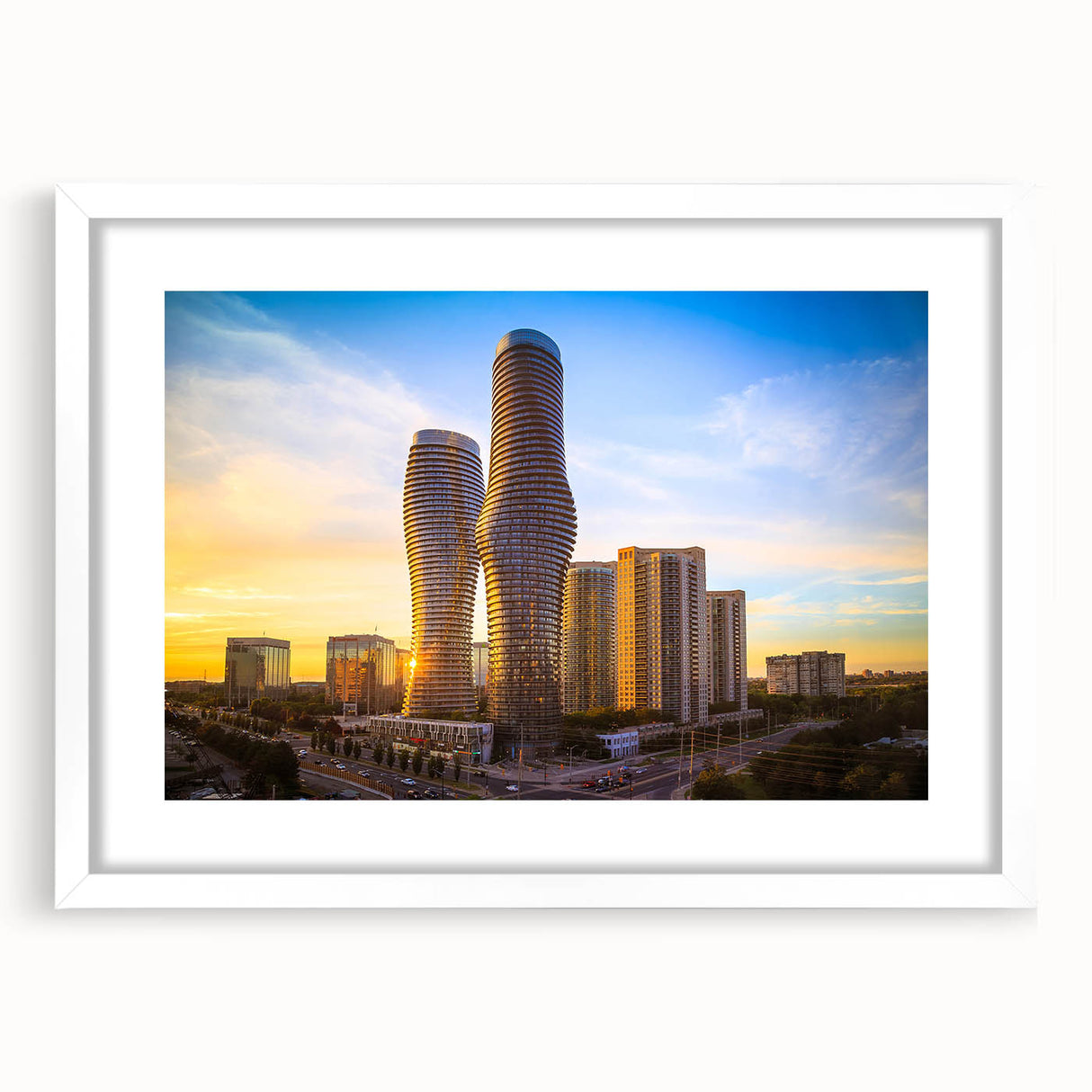 Abstract art print depicting a serene Ontario landscape in muted earth tones on a framed canvas, ideal for dining room decor.