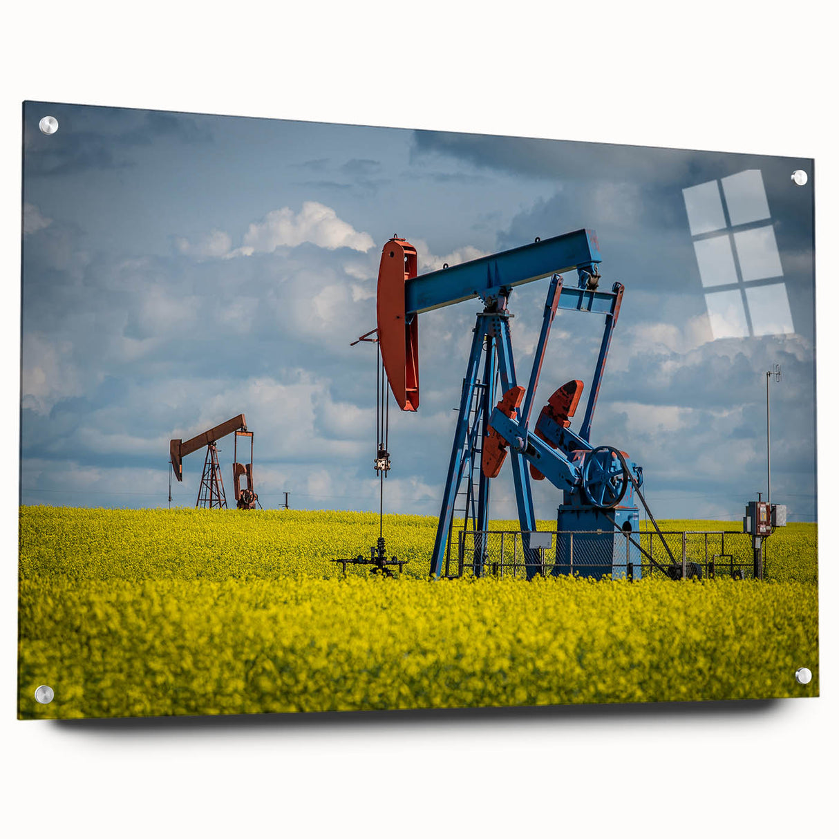 Acrylic print of a Saskatchewan landscape, featuring expansive green fields under a blue sky.