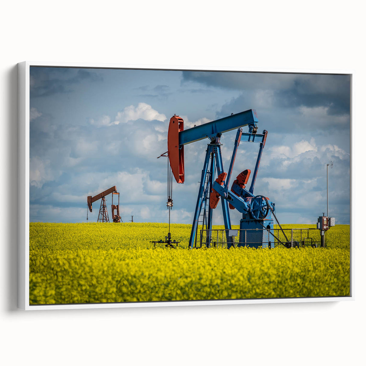 Vintage poster art of Saskatchewan scenery on a framed canvas with vibrant colors, ideal for living room decor.