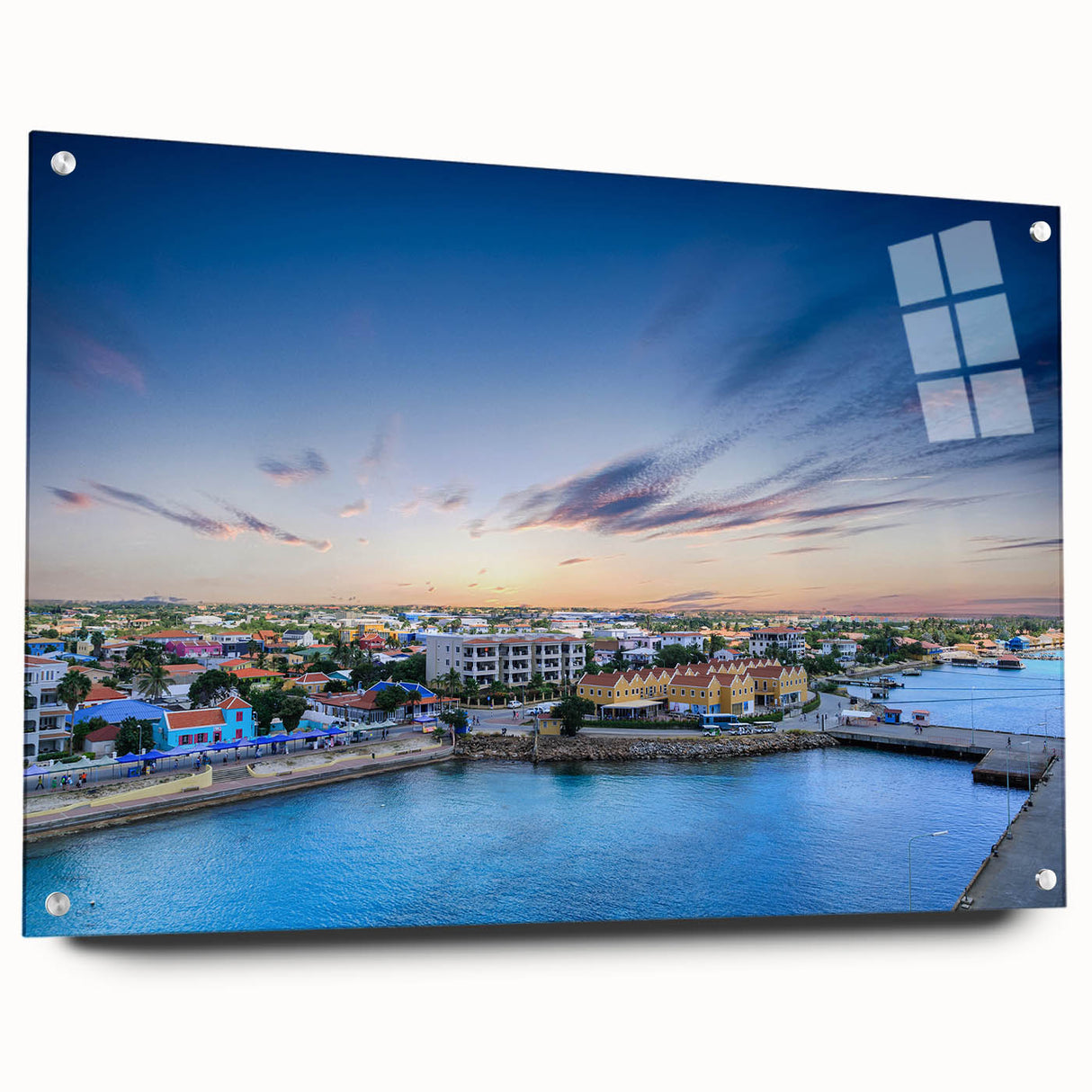 Acrylic glass print of a Caribbean Aruba scenery with vivid blue and green tones, suitable for bedroom or dining room decor.