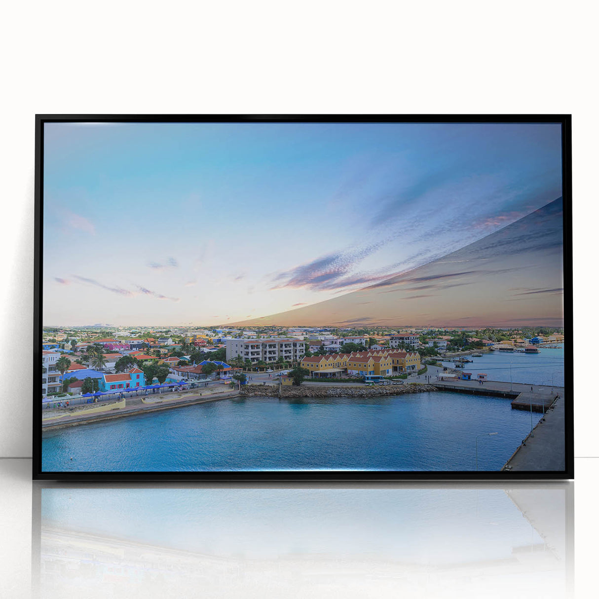 Framed acrylic print of a large abstract wall art depicting Caribbean scenery in vibrant blue and green tones.