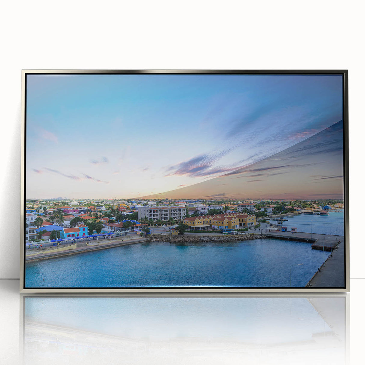 Framed acrylic print of a Caribbean Aruba scenery in muted blue and green tones, ideal for modern art wall decor.