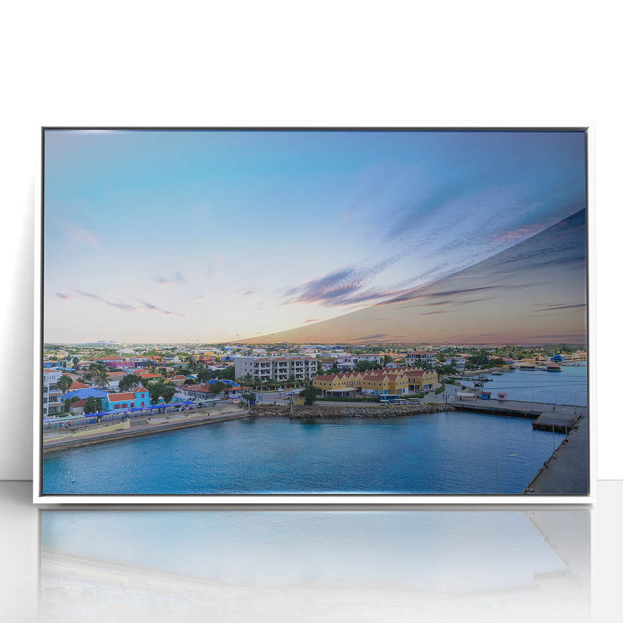 Mid-century modernist art of Aruba scenery in acrylic, framed in white, with vibrant ocean and sky hues.