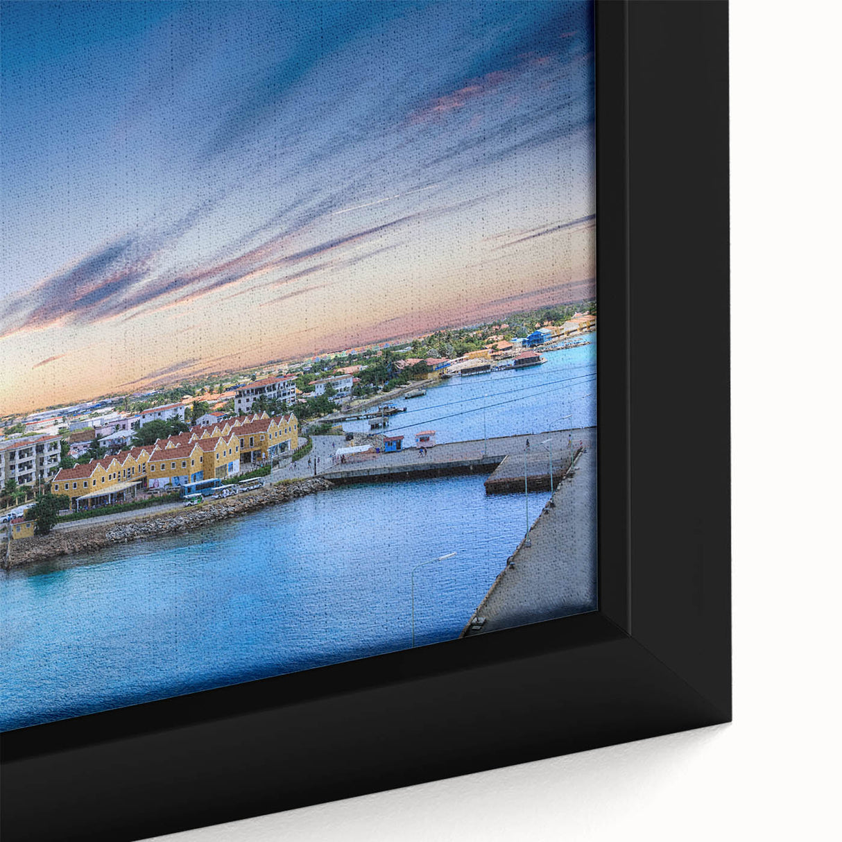 Framed canvas of a Caribbean Aruba landscape featuring black textured art with colorful accents, ideal for living room decor.