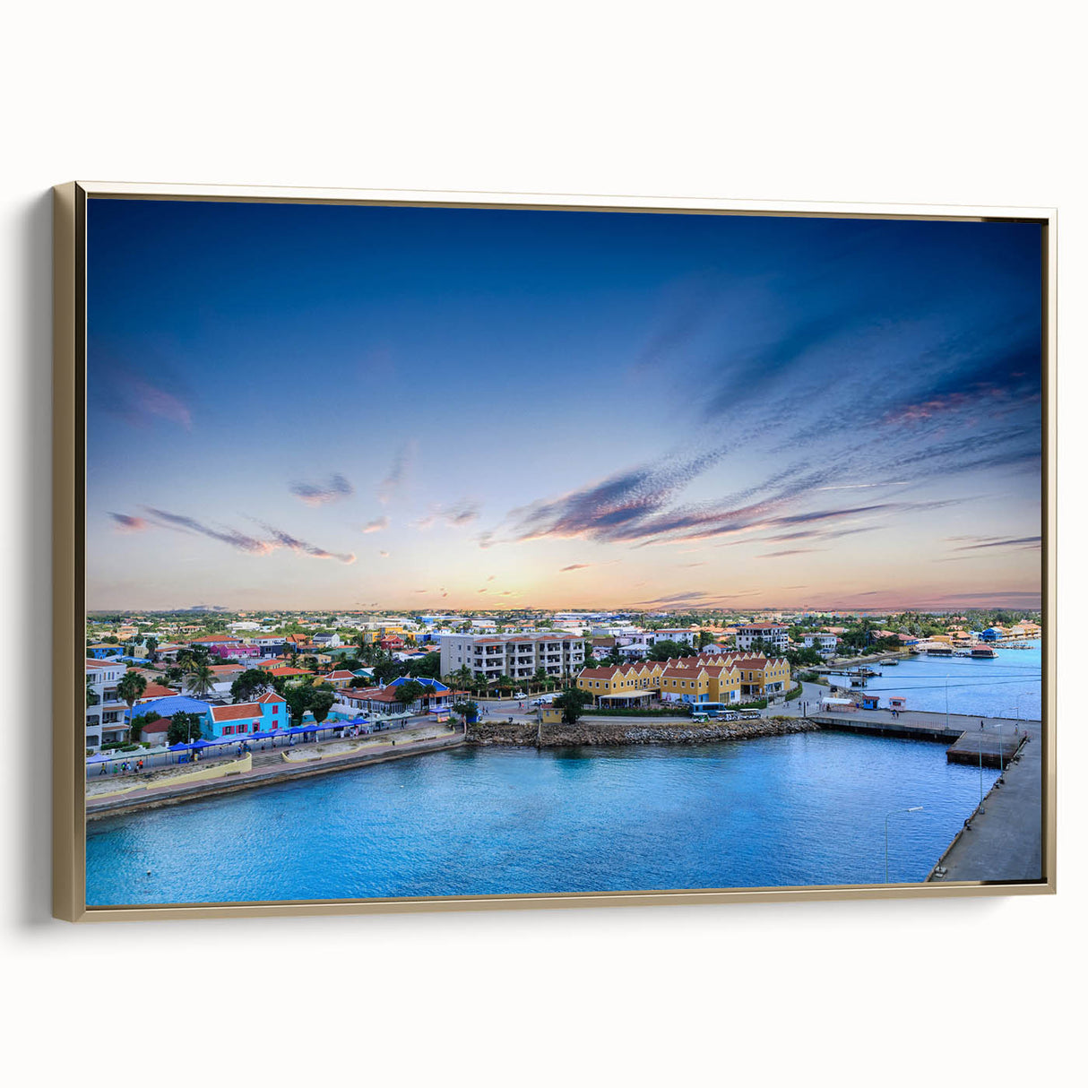 Framed canvas of a Caribbean Aruba landscape with vintage poster style, featuring gold frame, ideal for bedroom wall art.