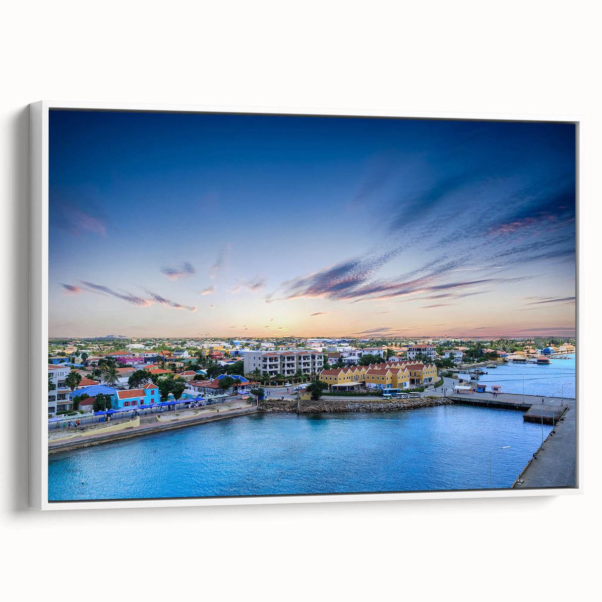 Vintage poster art of a Caribbean Aruba scenery on framed canvas, with colorful art palette, ideal for living room decor.