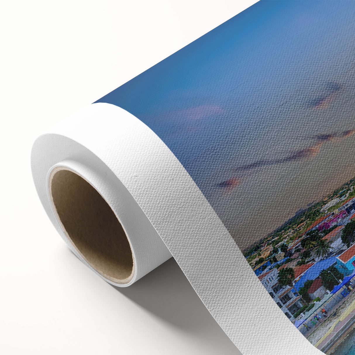 Art Deco poster of a serene Caribbean beach scene in pastel shades on rolled canvas, ideal for nursery wall art.