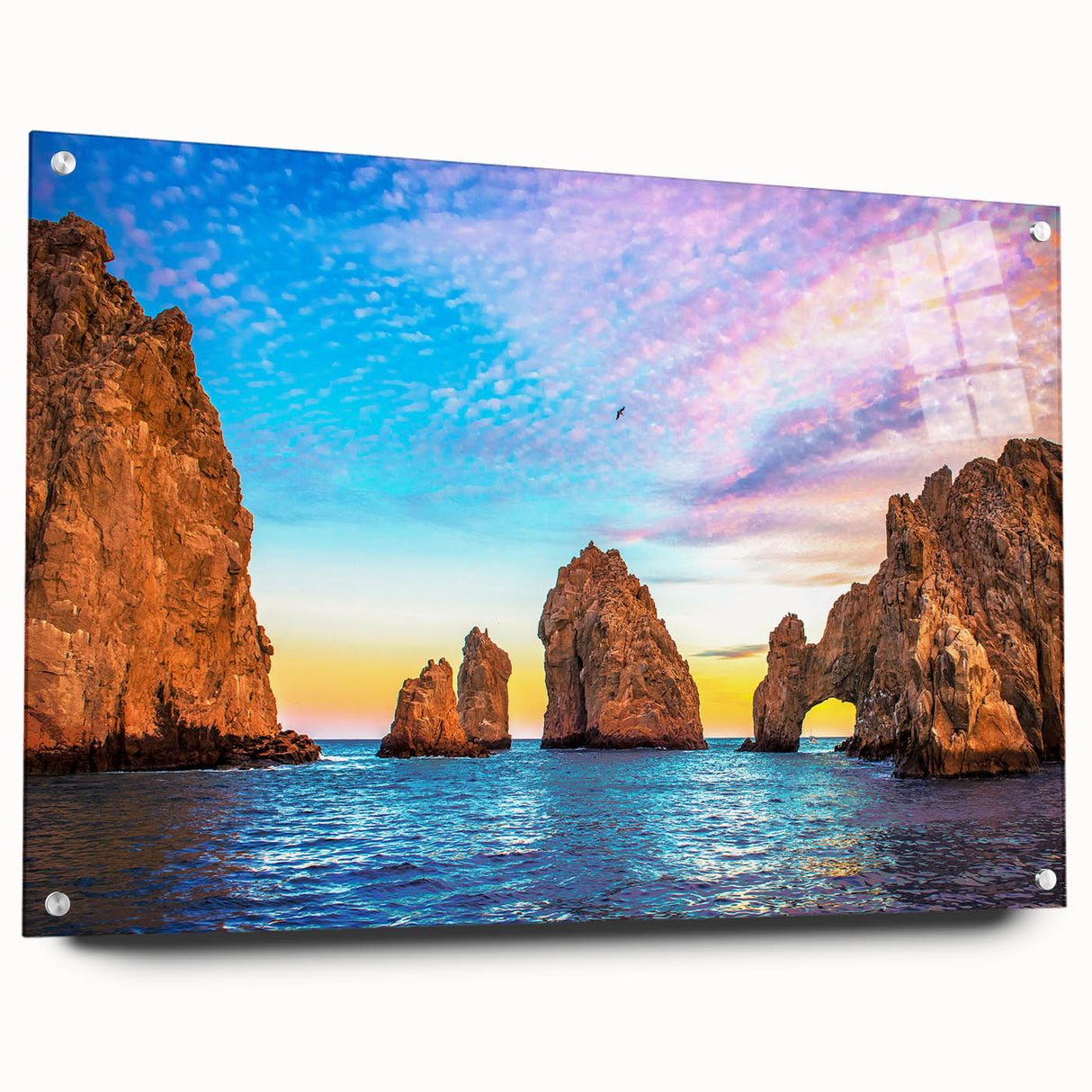 Acrylic print of Cabo San Lucas scenery in soft blue and sand tones, suitable for dining room decor.