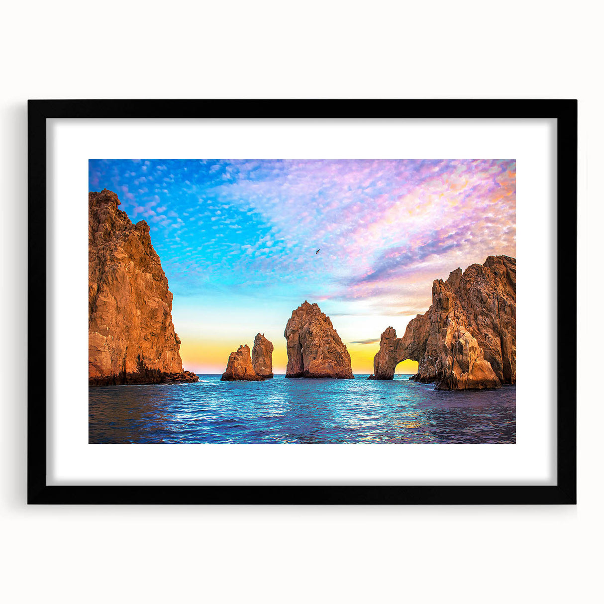 Large abstract wall art depicting a vibrant Cabo San Lucas scenery in a black frame, suitable for modern art wall decor.