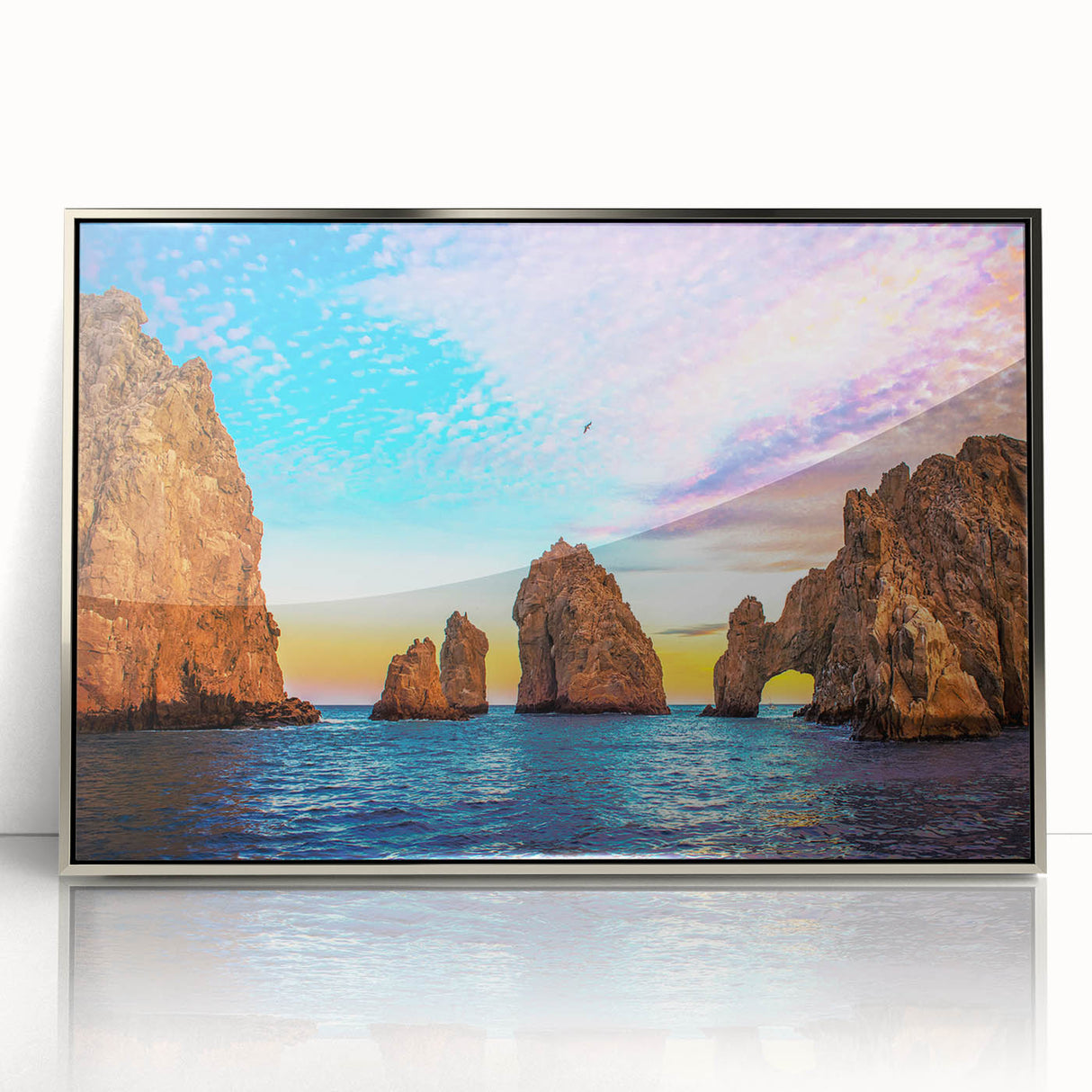 Textured art of Cabo San Lucas scenery in abstract style with muted blue and silver tones on a framed acrylic print.