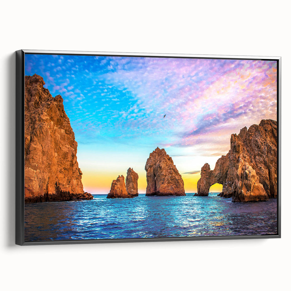 Black and white framed canvas featuring a vintage-style landscape of Cabo San Lucas, ideal for bedroom wall decor.