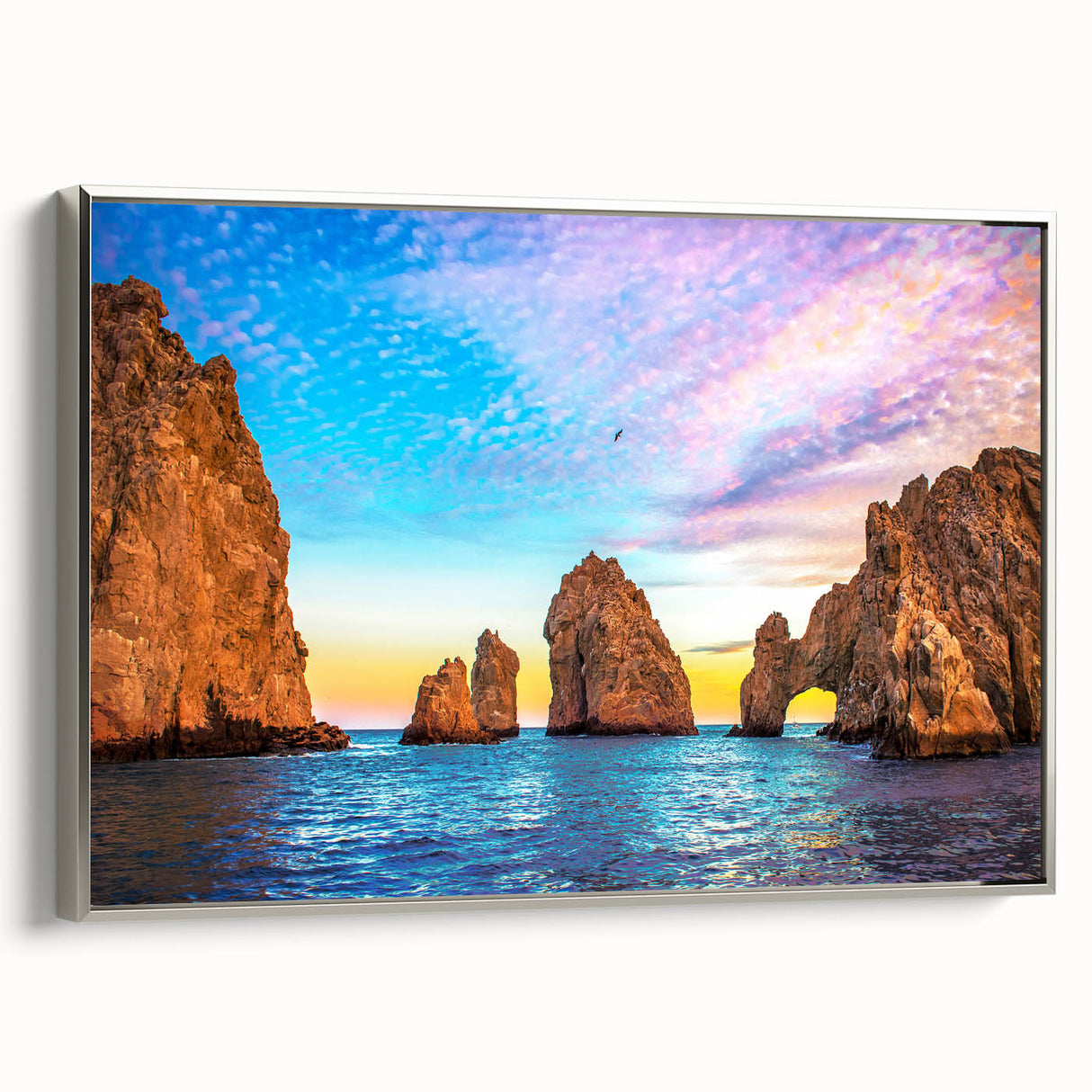 Framed canvas landscape art painting of Cabo San Lucas with vibrant colors and vintage poster style, ideal for a living room.