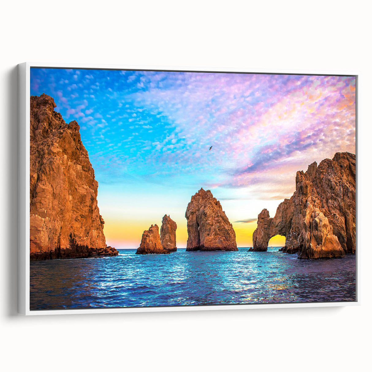 Vintage poster art of Cabo San Lucas scenery on a framed canvas, featuring colorful art in extra large format.