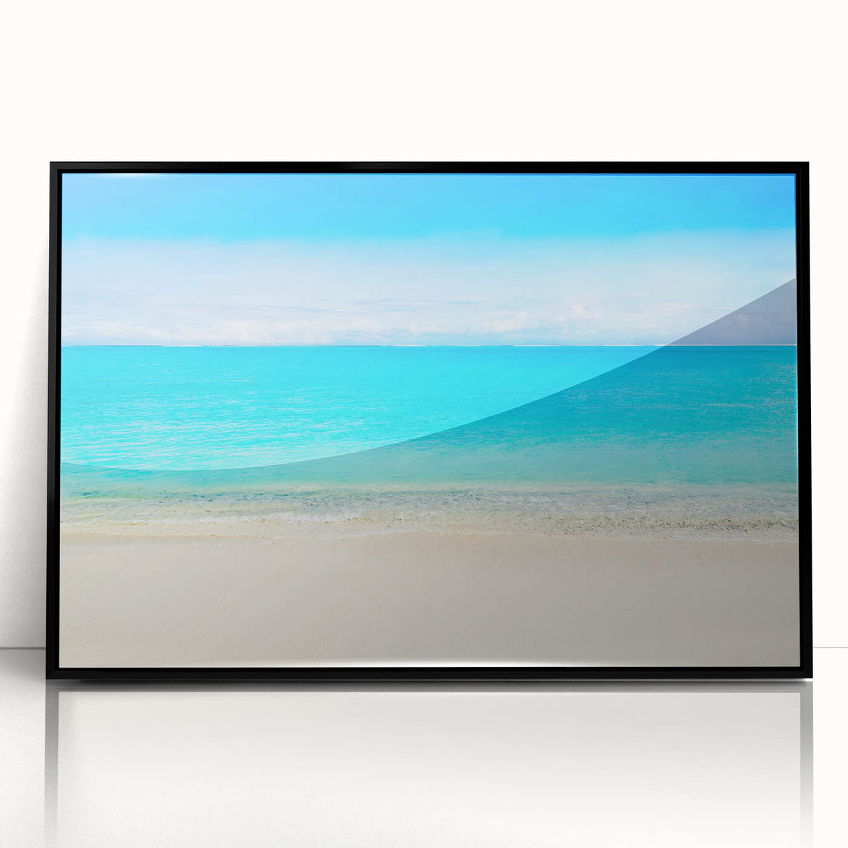 Large abstract wall art of Cancun scenery in mid-century modernist style, framed in black acrylic.