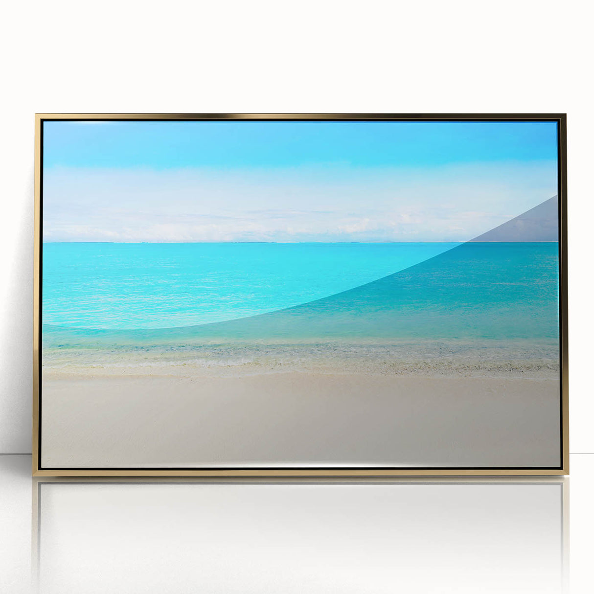 Large abstract wall art depicting Cancun scenery in muted gold and blue tones, framed acrylic.