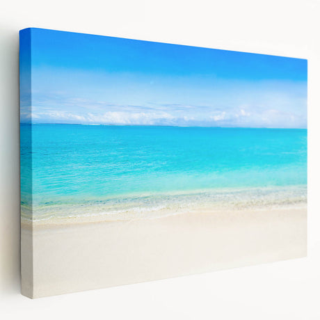 Large art depicting the Cancun coastline on stretched canvas, featuring vivid blue and green tones.