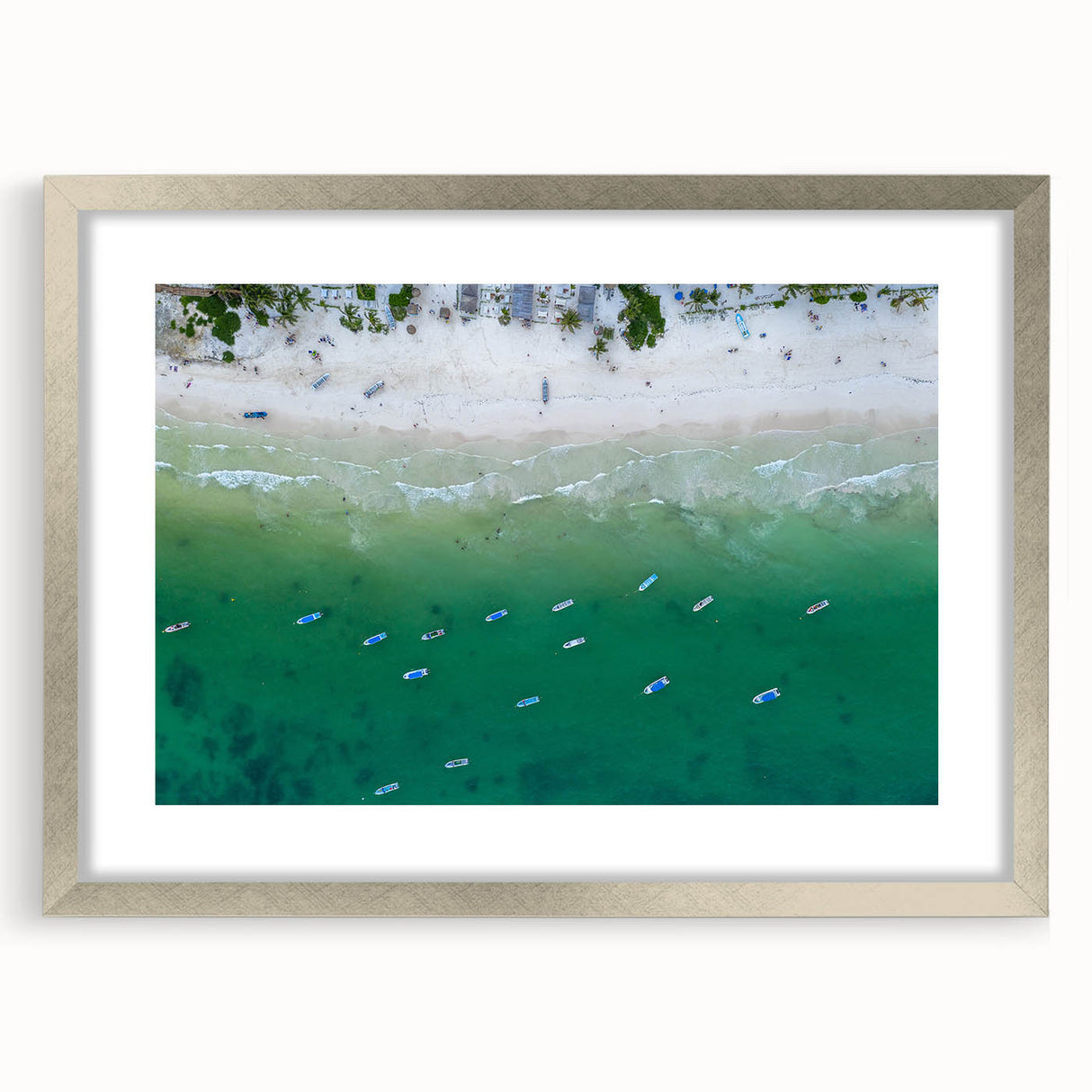 Textured abstract art print depicting a serene Quintana Roo landscape in muted blue and green tones, framed in silver.