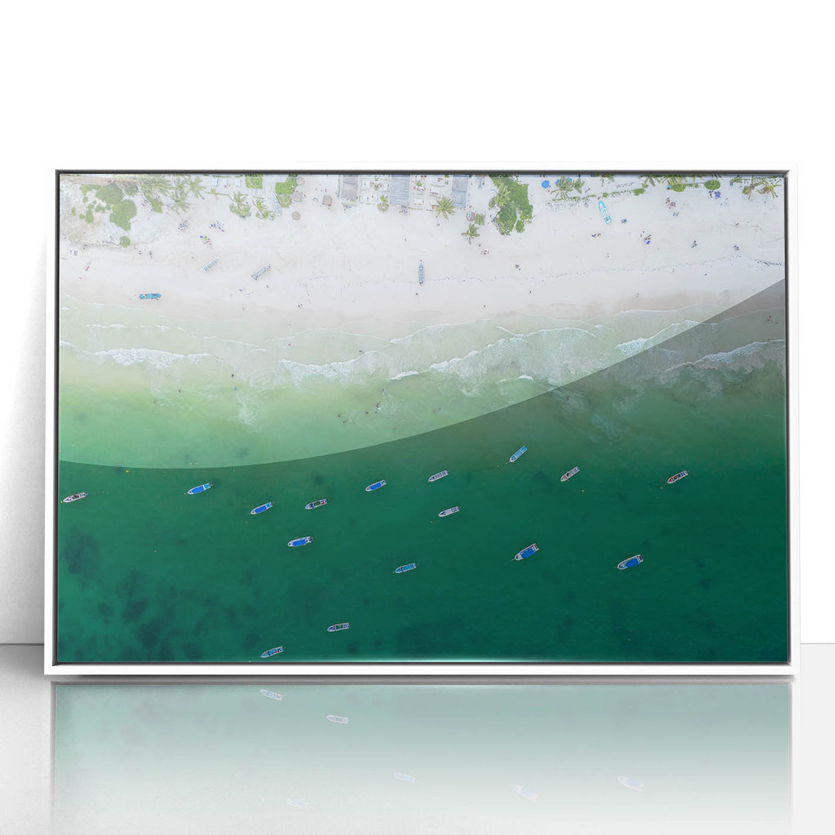 Acrylic print of a Quintana Roo, Mexico scenery in art deco style, framed in white, ideal for modern nursery wall art.