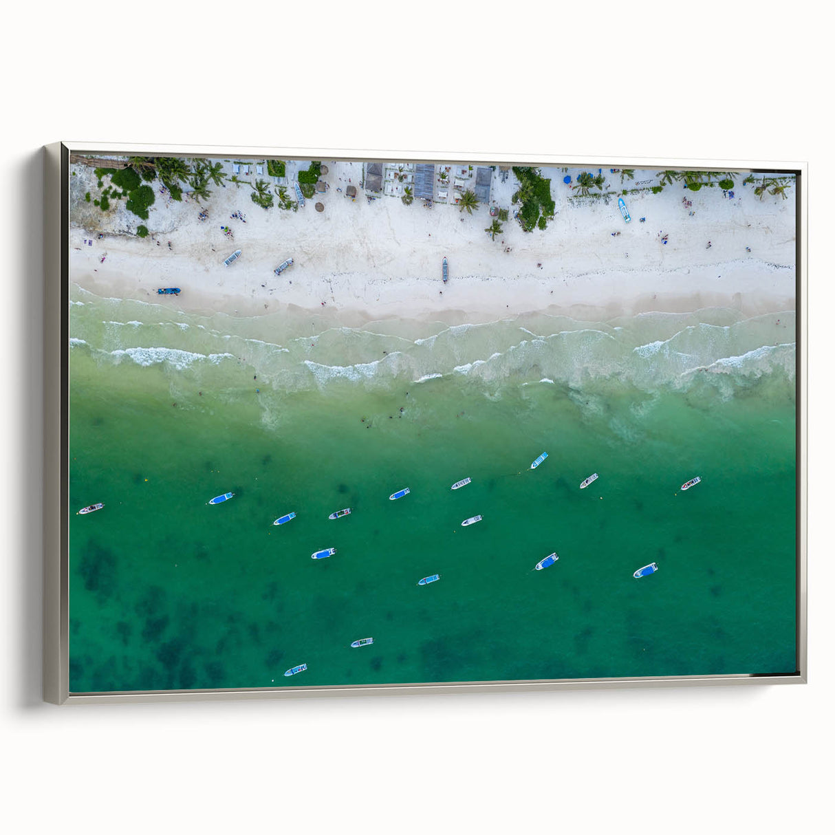 Framed canvas of a vintage Quintana Roo landscape painting with vibrant colors on a black background.