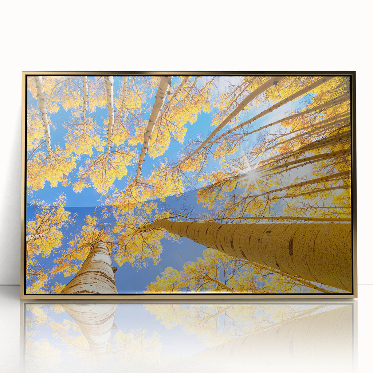 Acrylic print of Aspen, Colorado scenery with golden hues on a framed canvas, suitable for modern art wall decor.