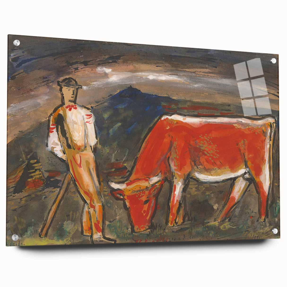 Shepherd with Grazing Cow" by Mikuláš Galanda - Rustic Pastoral Scene