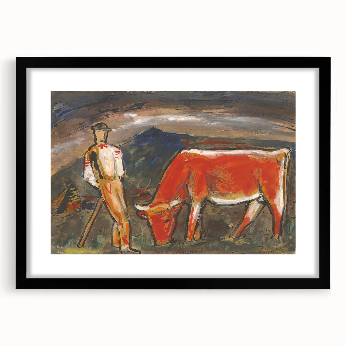 Shepherd with Grazing Cow" by Mikuláš Galanda - Rustic Pastoral Scene