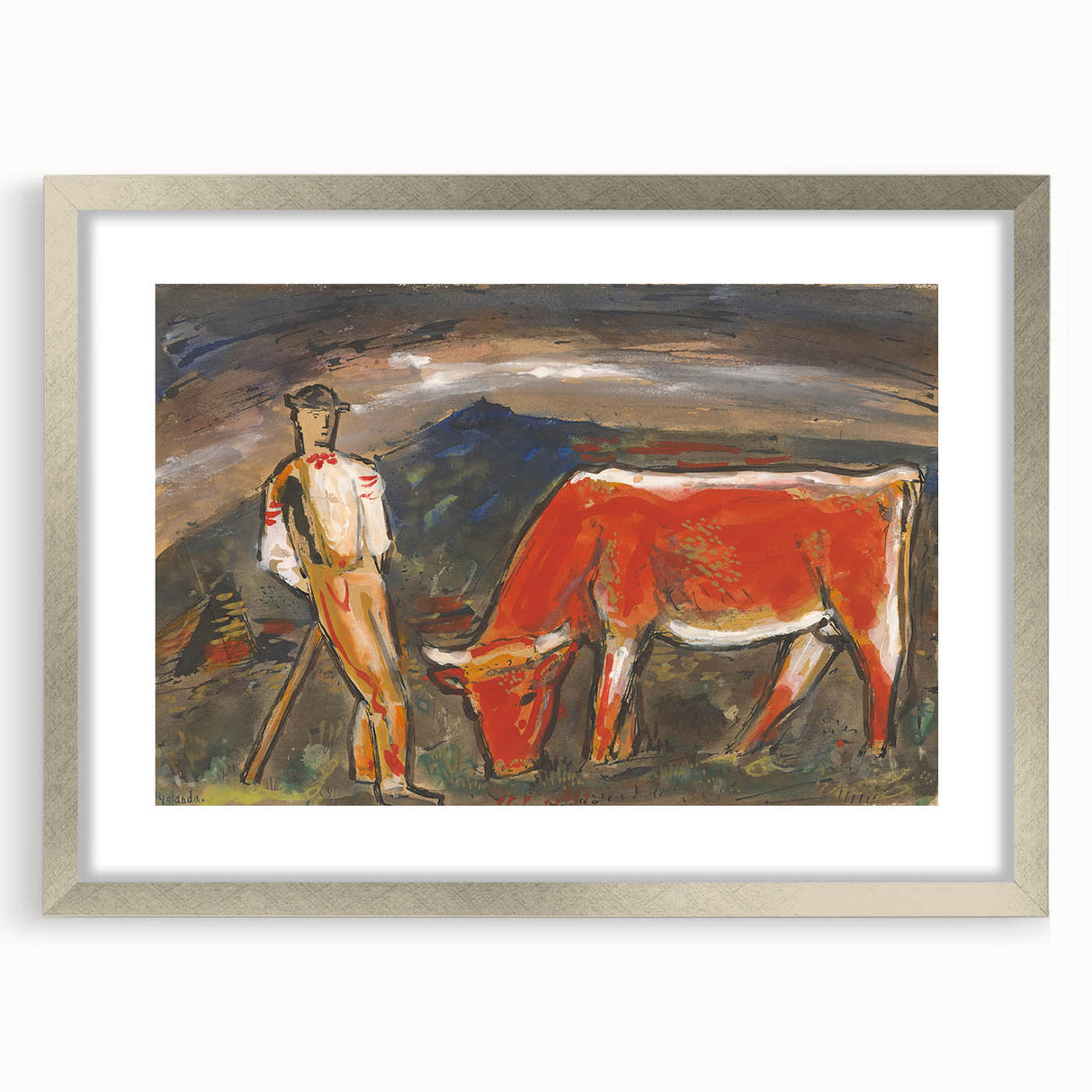 Shepherd with Grazing Cow" by Mikuláš Galanda - Rustic Pastoral Scene