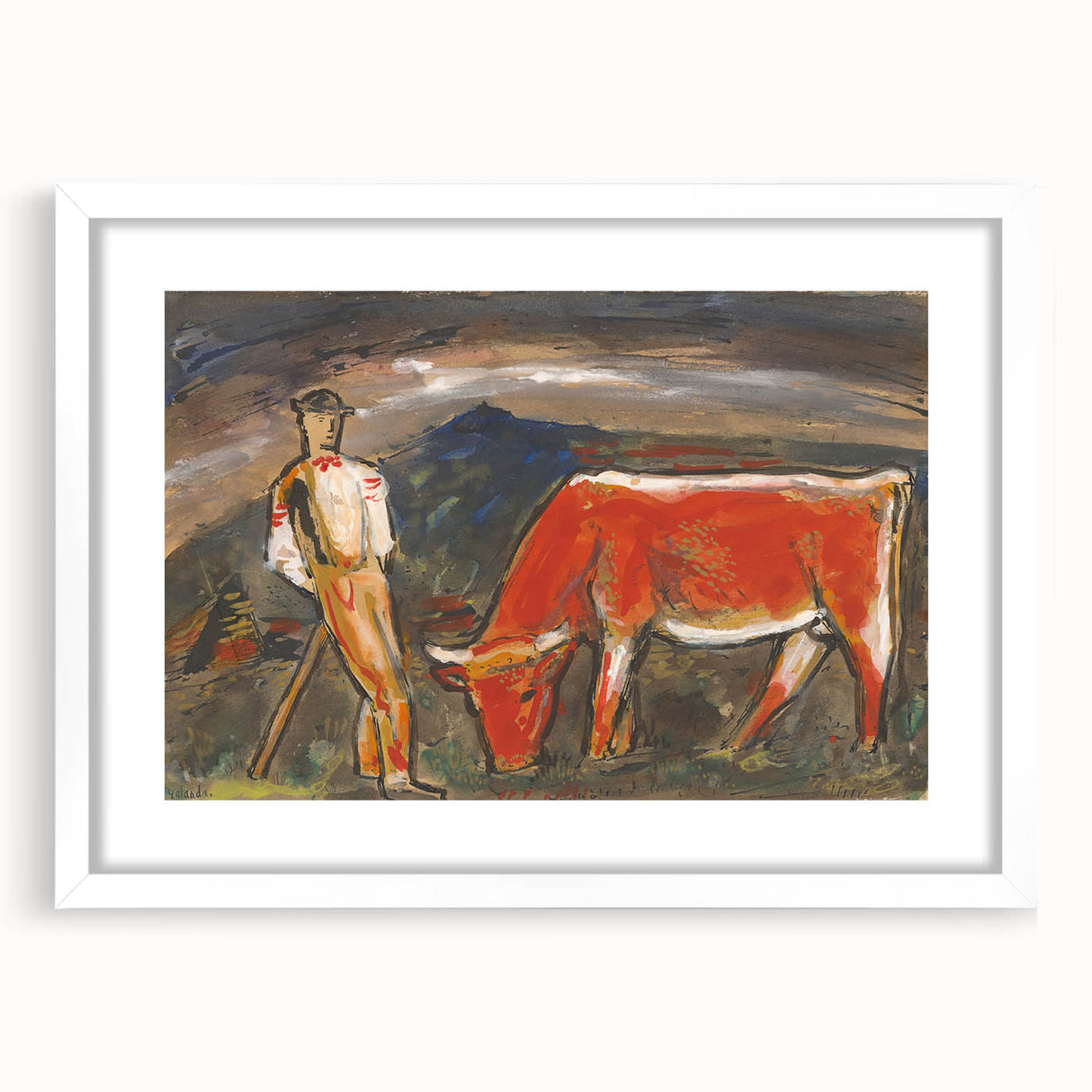 Shepherd with Grazing Cow" by Mikuláš Galanda - Rustic Pastoral Scene