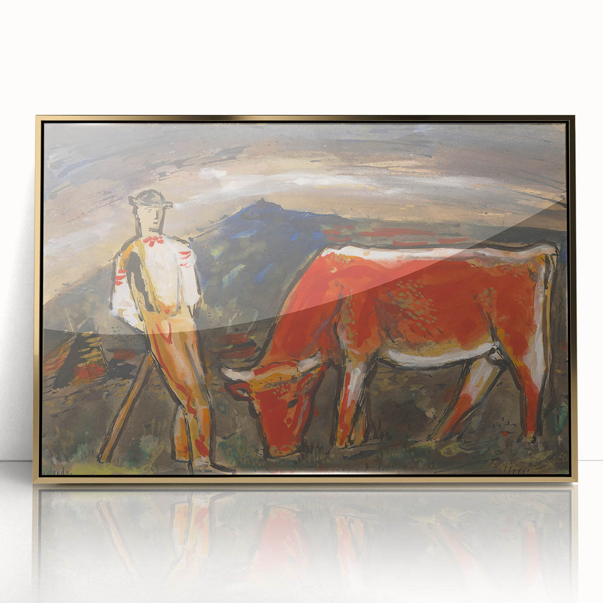 Shepherd with Grazing Cow" by Mikuláš Galanda - Rustic Pastoral Scene