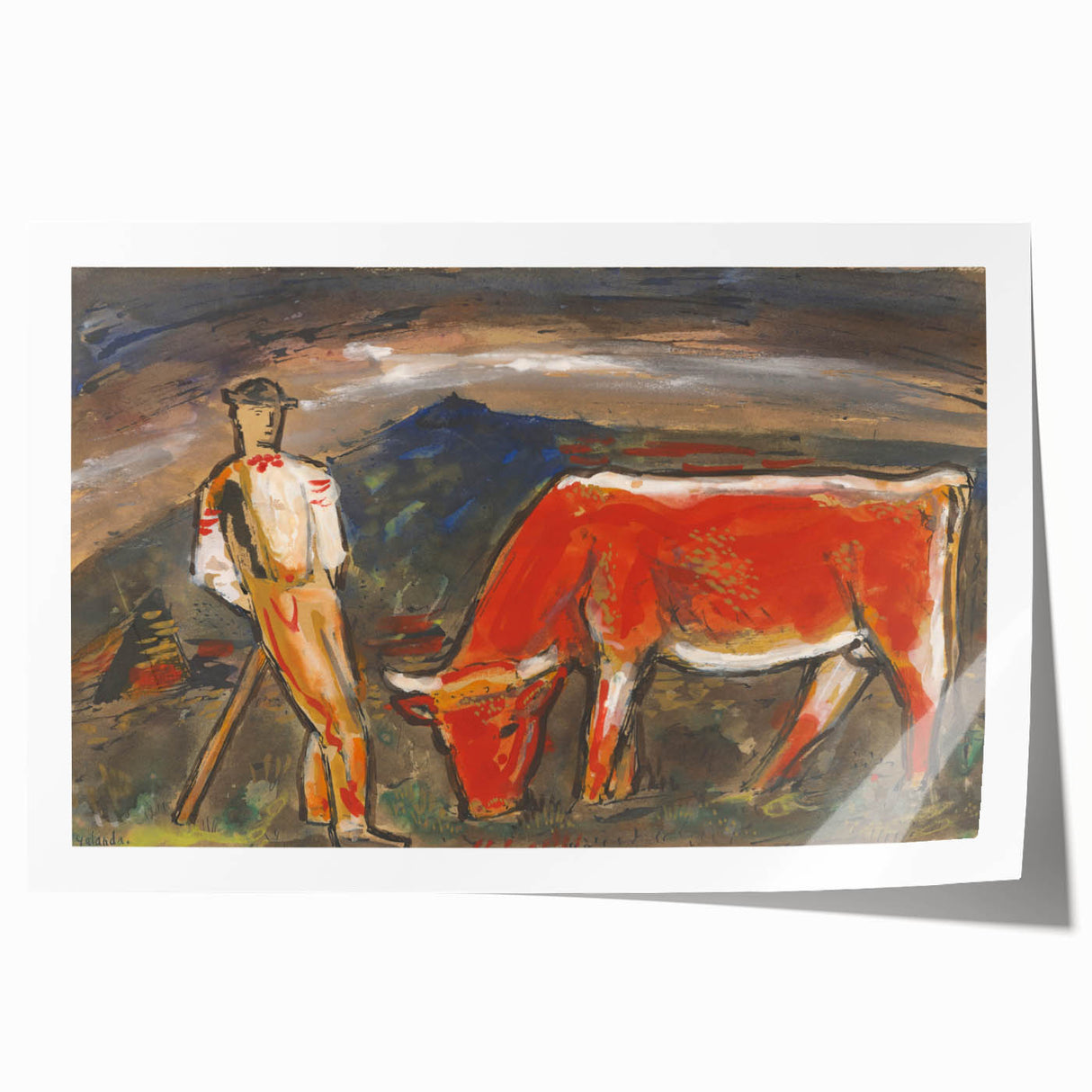 Shepherd with Grazing Cow" by Mikuláš Galanda - Rustic Pastoral Scene