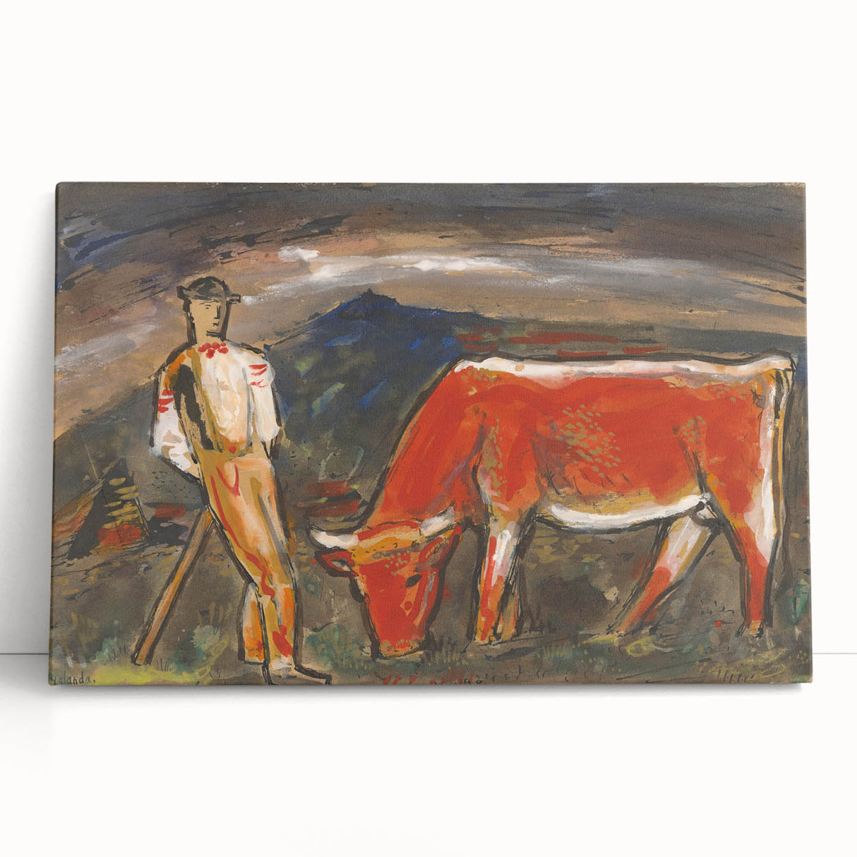 Shepherd with Grazing Cow" by Mikuláš Galanda - Rustic Pastoral Scene