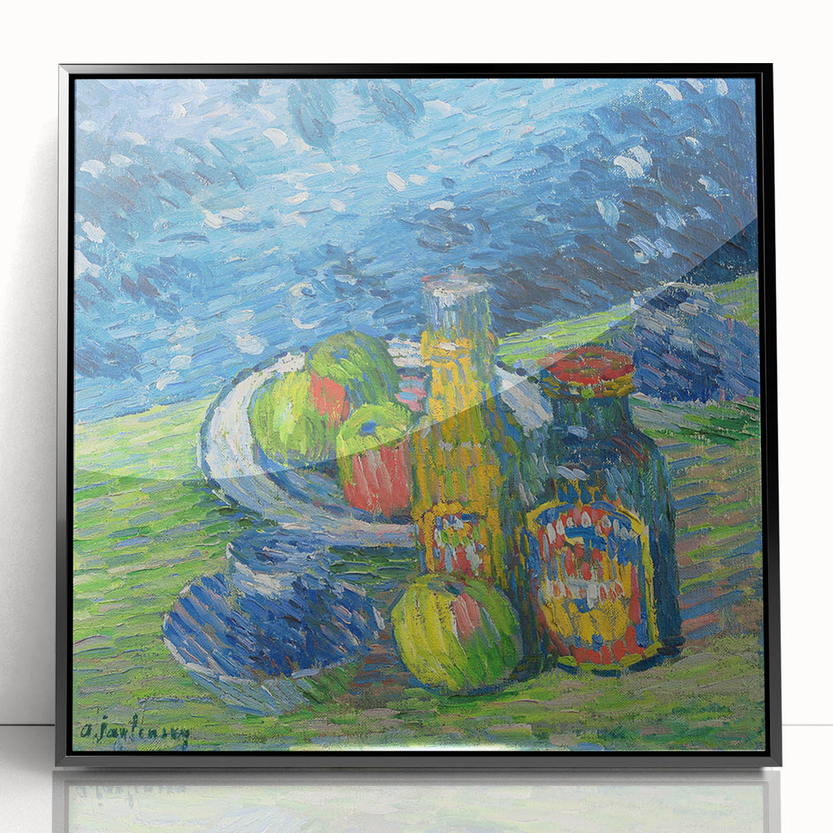 Modern Wall Art – Vibrant Still Life with Bottles and Fruit