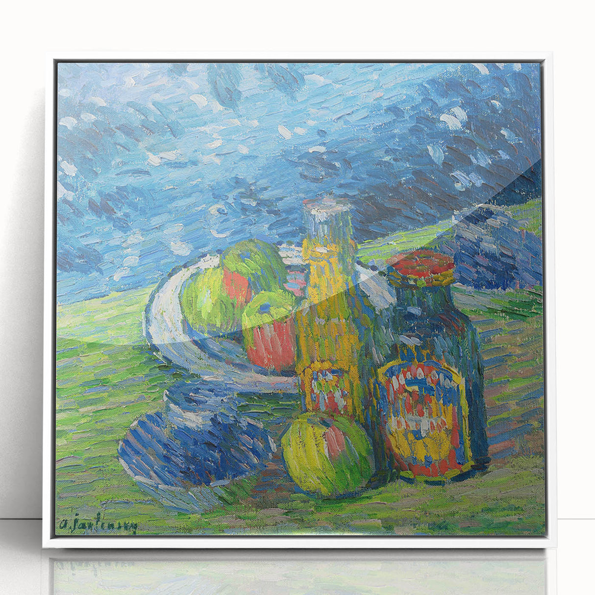 Modern Wall Art – Vibrant Still Life with Bottles and Fruit