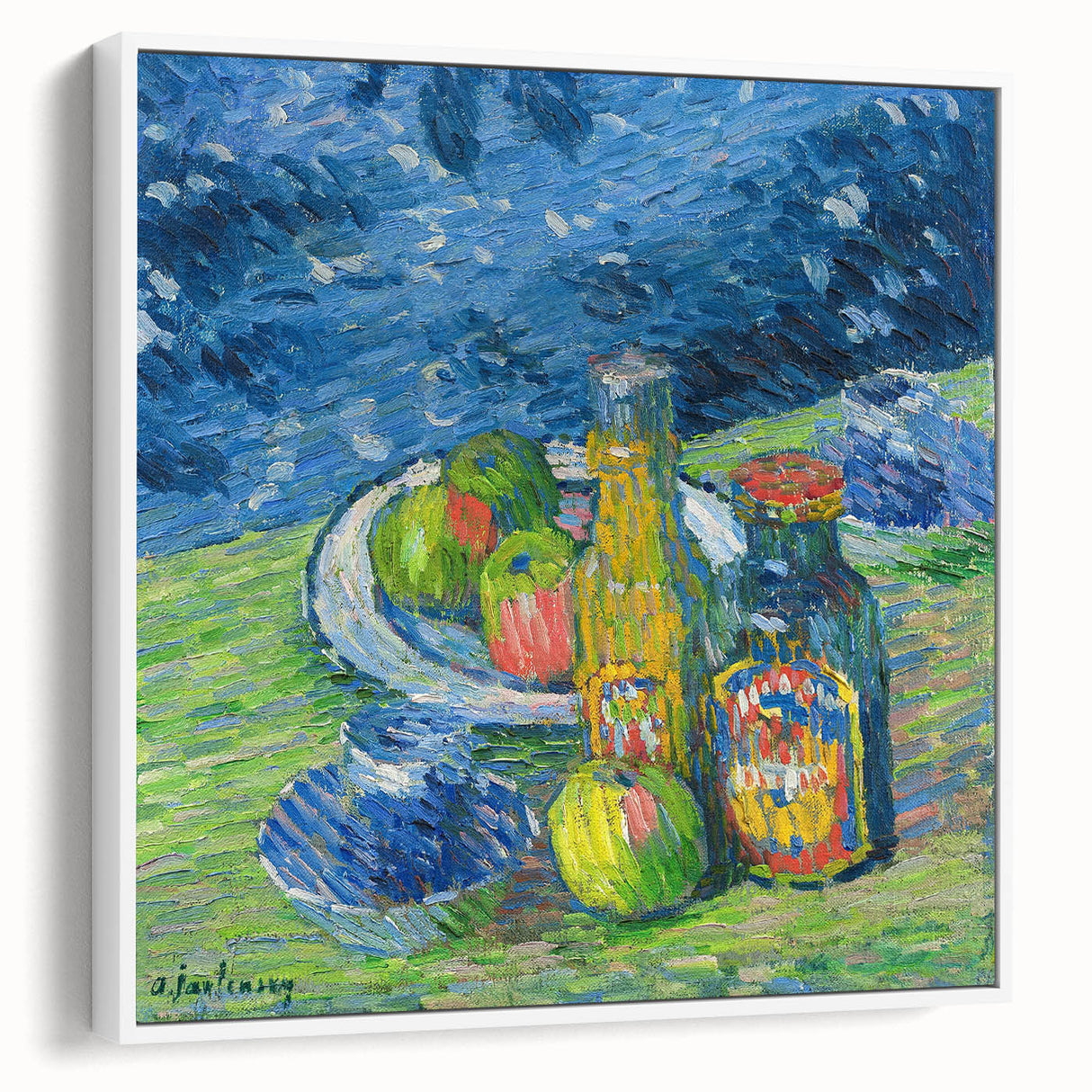 Modern Wall Art – Vibrant Still Life with Bottles and Fruit