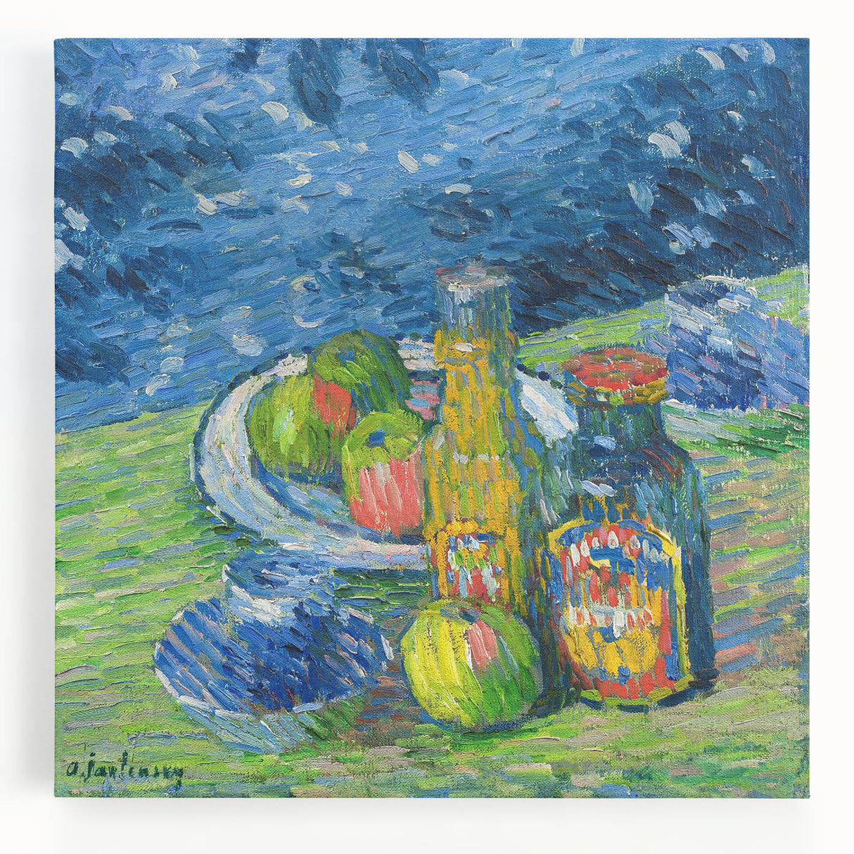 Modern Wall Art – Vibrant Still Life with Bottles and Fruit