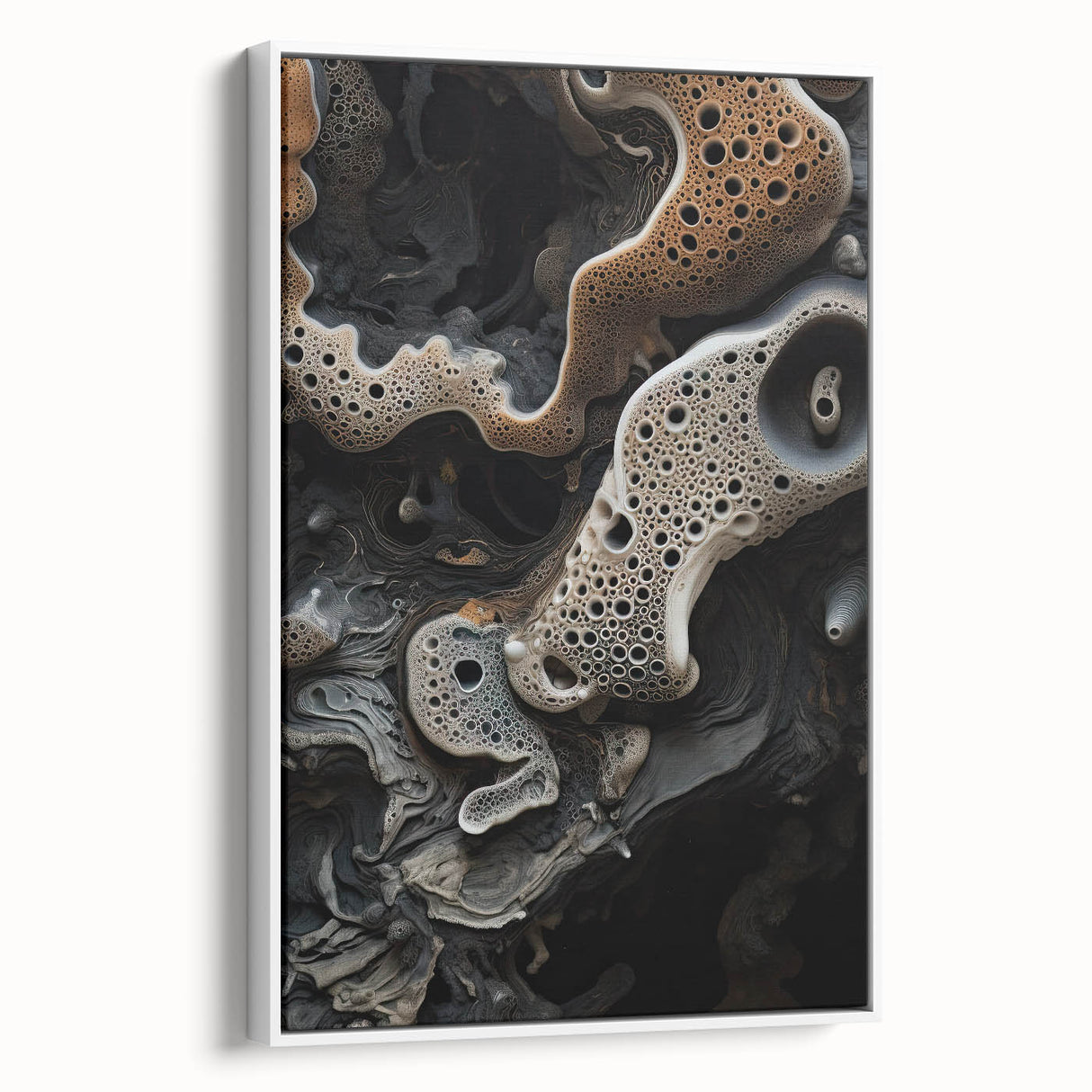 Vintage poster art on framed canvas, featuring colorful natural elements against a black background.