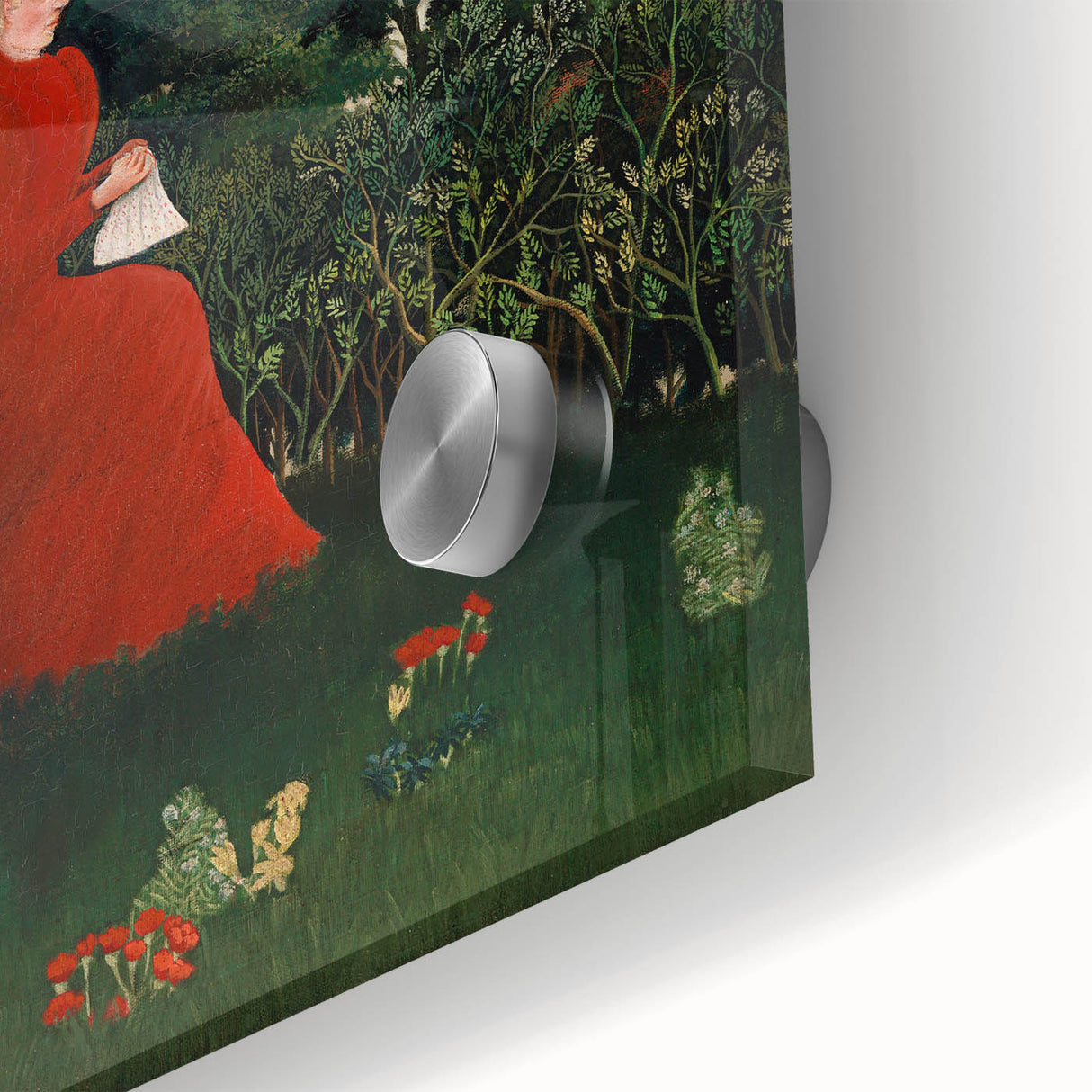 Modern Wall Art: Serene Portrait of Woman in Red with Verdant Landscape