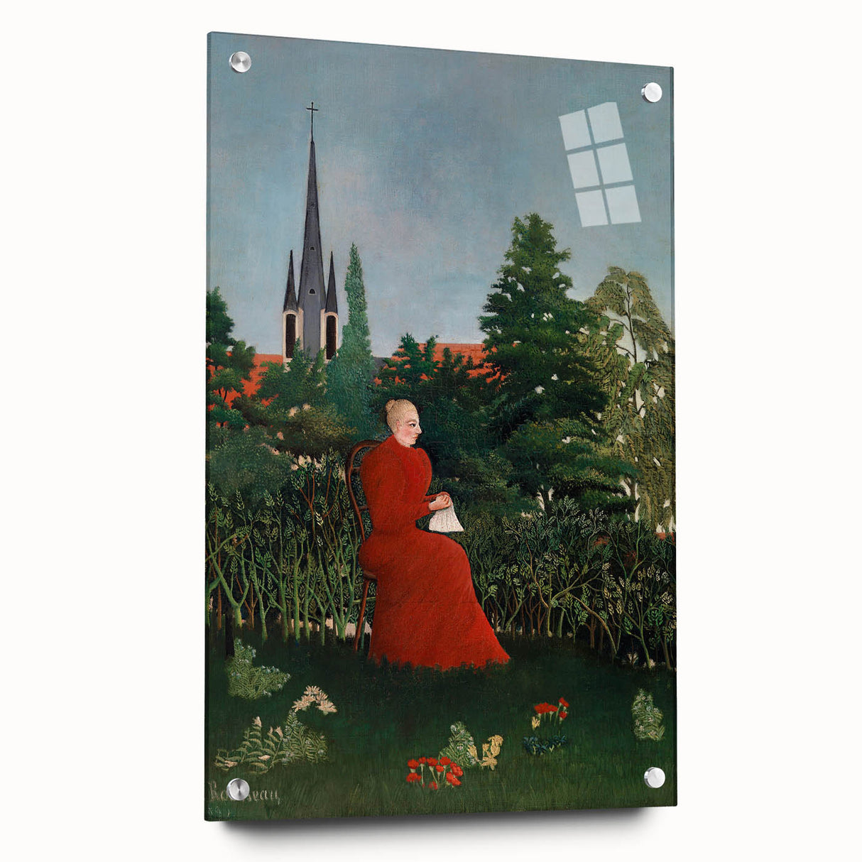 Modern Wall Art: Serene Portrait of Woman in Red with Verdant Landscape
