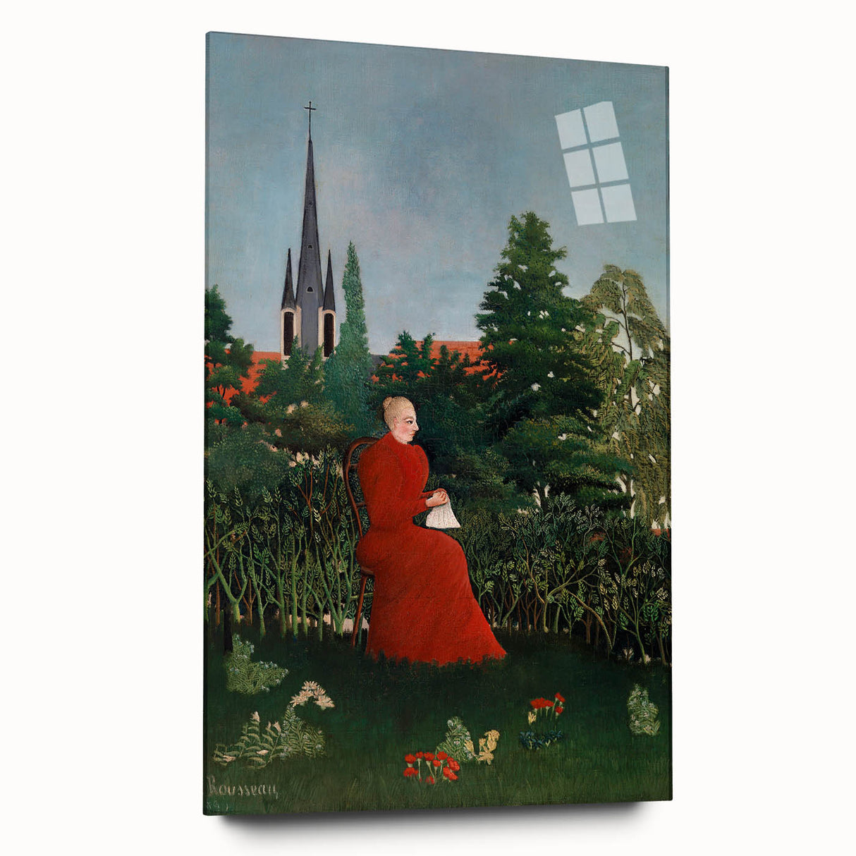 Modern Wall Art: Serene Portrait of Woman in Red with Verdant Landscape