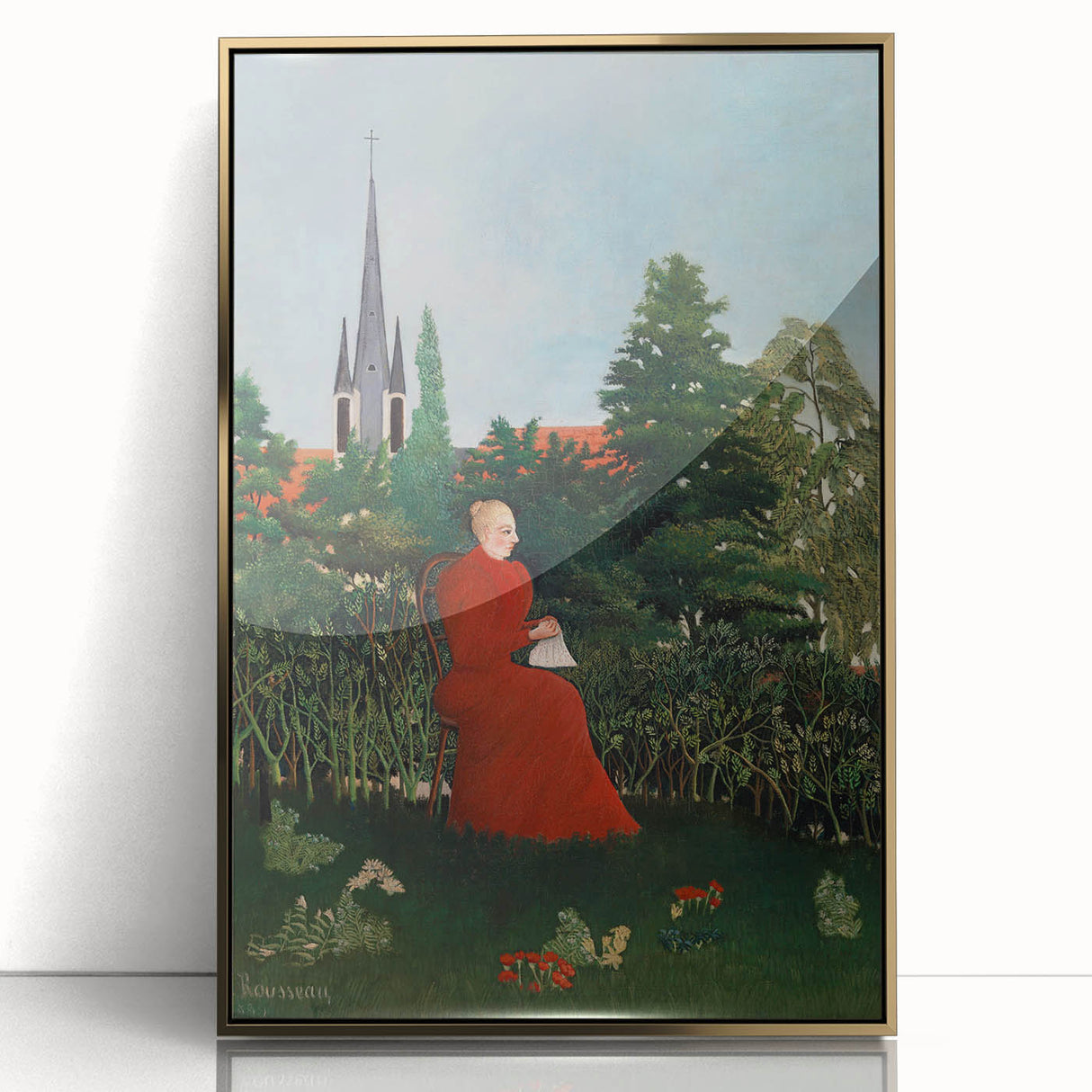 Modern Wall Art: Serene Portrait of Woman in Red with Verdant Landscape