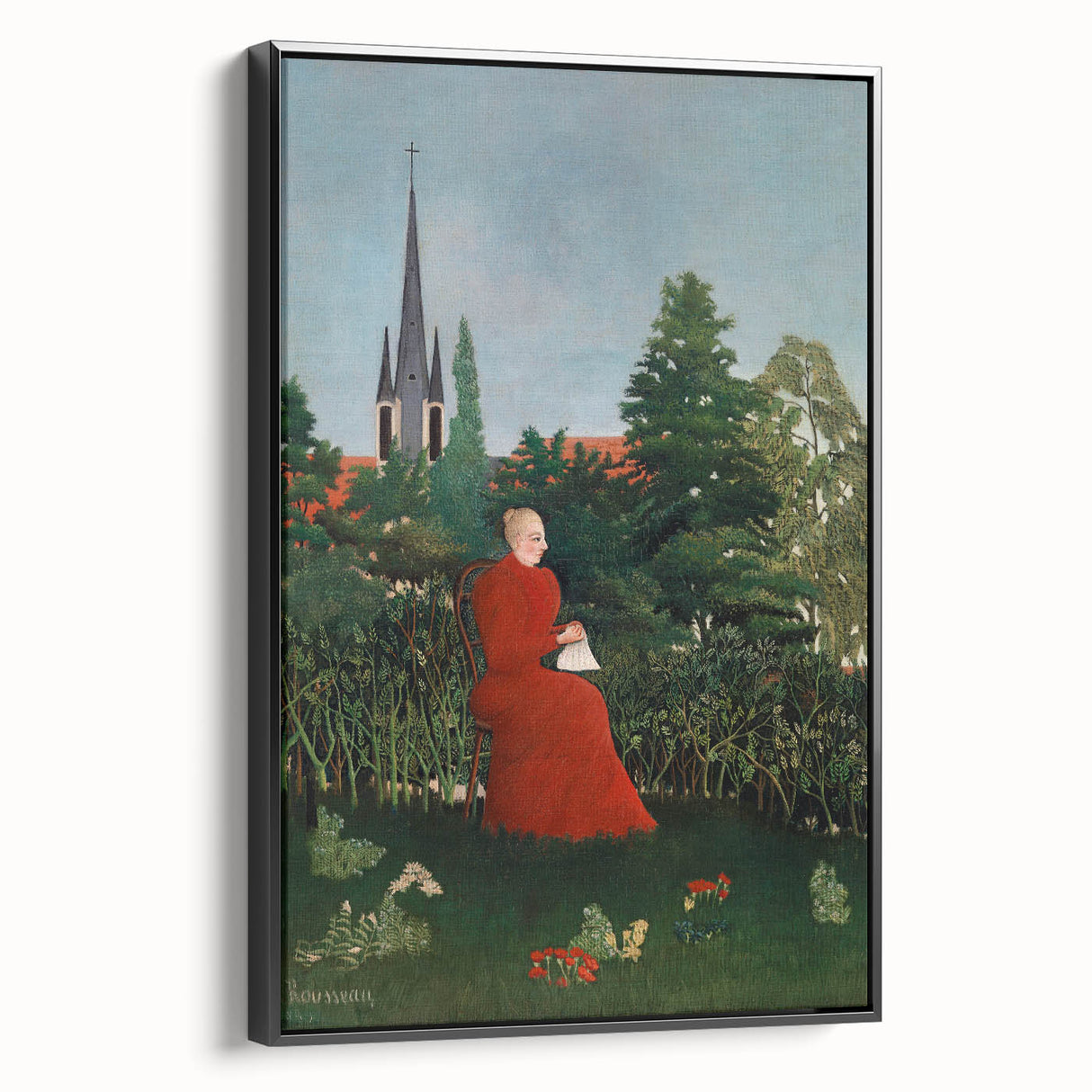 Modern Wall Art: Serene Portrait of Woman in Red with Verdant Landscape