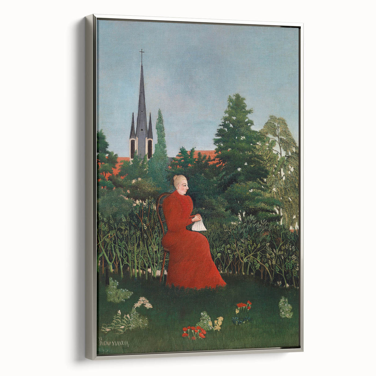 Modern Wall Art: Serene Portrait of Woman in Red with Verdant Landscape